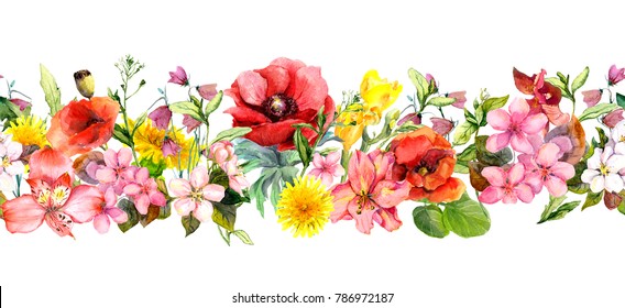 Meadow flowers, wild grasses, leaves. Repeating summer horizontal border. Floral watercolor