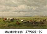 Meadow Landscape with Cattle, by Willem Roelofs 1st, c. 1880, Dutch painting, oil on canvas. Farmer milking cows in the field on the flat landscape. A women stands with a yoke and pails to carry milk