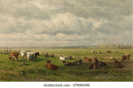 Meadow Landscape With Cattle, By Willem Roelofs 1st, C. 1880, Dutch Painting, Oil On Canvas. Farmer Milking Cows In The Field On The Flat Landscape. A Women Stands With A Yoke And Pails To Carry Milk