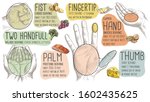 Meal portion size measured by hand. Hand drawn raster illustration. 