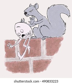 A Mean Squirrel Pushes Humpty Dumpty Off A Brick Wall.  