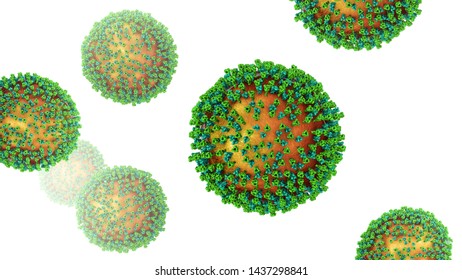 Measles Viruses. 3D Illustration Showing Structure Of Measles Virus With Surface Glycoprotein Spikes Heamagglutinin-neuraminidase And Fusion Protein