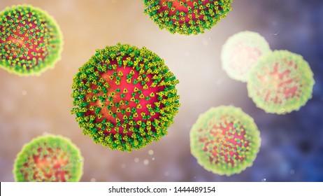 Measles Viruses. 3D Illustration Showing Structure Of Measles Virus With Surface Glycoprotein Spikes Heamagglutinin-neuraminidase And Fusion Protein