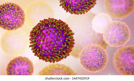 Measles Viruses. 3D Illustration Showing Structure Of Measles Virus With Surface Glycoprotein Spikes Heamagglutinin-neuraminidase And Fusion Protein