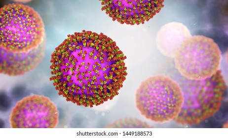 Measles Viruses. 3D Illustration Showing Structure Of Measles Virus With Surface Glycoprotein Spikes Heamagglutinin-neuraminidase And Fusion Protein