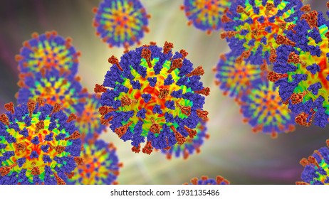 Measles Viruses, 3D Illustration Showing Viral Surface Glycoprotein Spikes Heamagglutinin-neuraminidase (orange) And Fusion Protein (green)