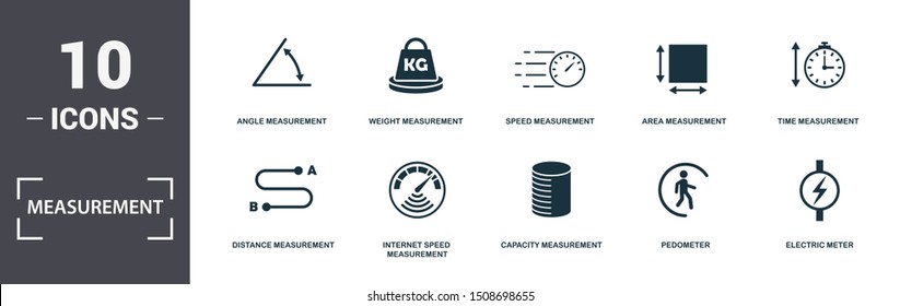 Measurement icons set collection. Includes simple elements such as Angle, Weight, Speed Measurement, Area Measurement, Time, Internet Speed Measurement and Capacity