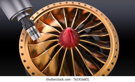 The Measurement probe attach on CNC's machine calibrate with 3D system. Quality control process on 5 axis CNC machine. 3d illustration.