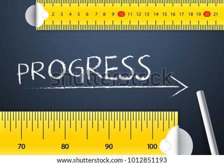 Measuring Progress or Improvement Concept. Two different tape measuring progress word with chalk with metric system and imperial units, flat design. Various way of measuring progress management.