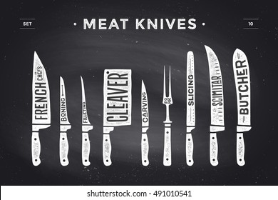 Meat cutting knives set. Poster Butcher diagram and scheme - Meat Knife. Set of butcher meat knives for butcher shop and design butcher themes. Vintage typographic hand-drawn. Illustration - Powered by Shutterstock