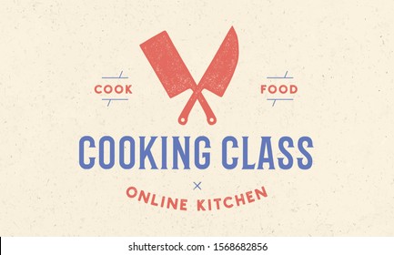 Meat Logo. Logo For Cooking School Class With Icon Chef Knife, Butcher Knife, Text Typography Coocking Class. Graphic Logo Template For Cooking School, Class, Kitchen Course. Illustration