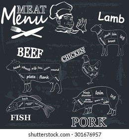  Meat menu. Set of meat symbols, beef, pork, chicken, lamb.