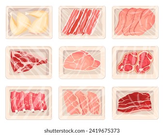 Meat packaging icons. Plastic tray of steaks, ham, bacon of pork, beef and lamb. Products for counter of the butcher store. Supermarket food in pack. Top view decorative illustration - Powered by Shutterstock