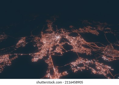 Mecca Aerial View At Night. Top View On Modern City With Street Lights. Satellite View With Glow Effect