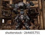 mech war robot in front of destroyed building