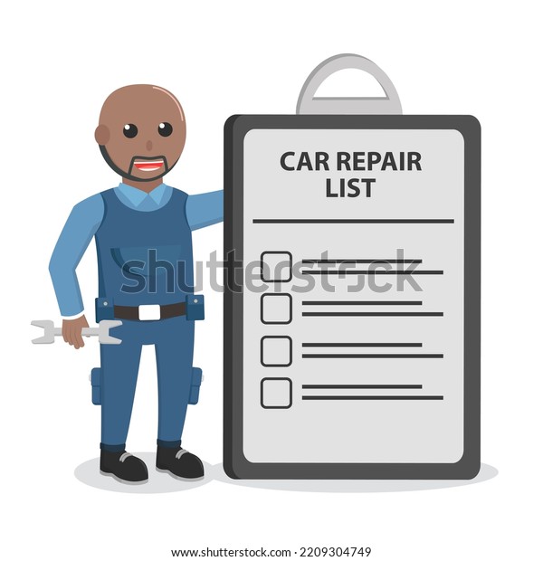 mechanic african with repair list clipboard
design character on white
background