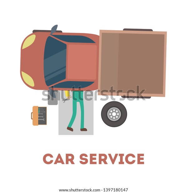 Mechanic lying under car and repairing\
automobile with tools. Car service concept. Professional worker\
fixing engine. Isolated flat \
illustration