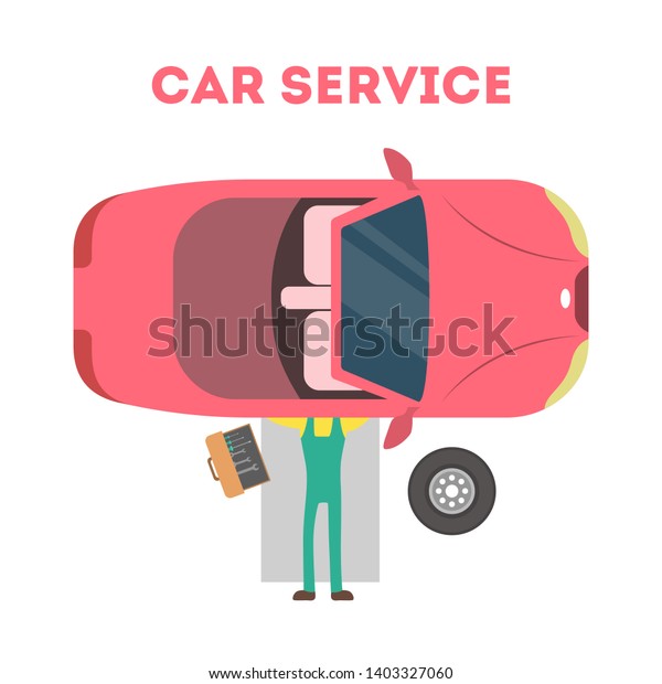 Mechanic lying under red car and repairing\
automobile with tools. Car service concept. Professional worker\
fixing engine. Isolated flat \
illustration