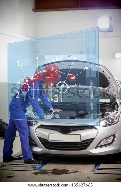 Mechanic with open hood with futuristic interface\
with car\
diagram