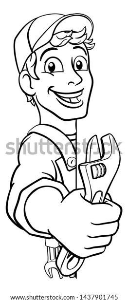 Mechanic plumber\
maintenance handyman cartoon mascot man holding a wrench or\
spanner. Peeking around a\
sign