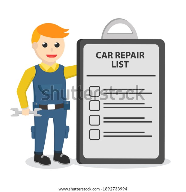 mechanic with repair list clipboard design\
character on white\
background