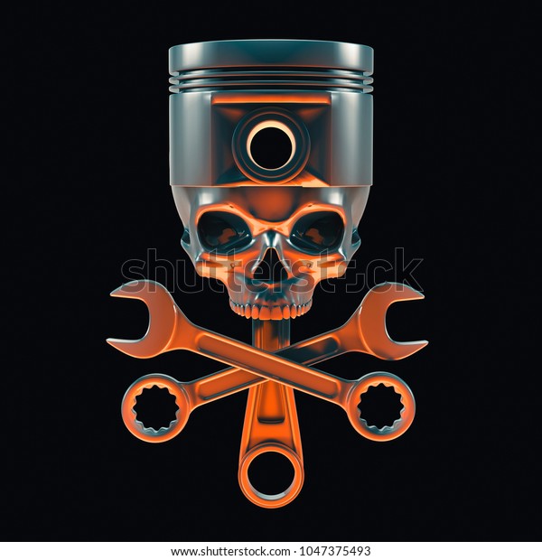 Mechanic skull and crossbones / 3D illustration of\
engine piston metal skull with crossed spanners lit from below by\
fiery glow
