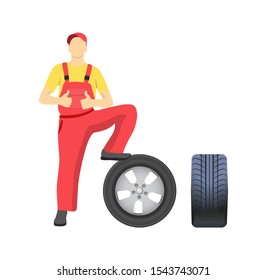 Mechanic standing on tire and showing approval sign thumb up. Serviceman in uniform fixing wheel, repair service worker raster isolated on white - Powered by Shutterstock