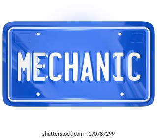 Mechanic Word On A Blue Metal Vanity License Plate For A Car Or Automobile To Illustrate A Repair Shop Or Garage For Fixing A Vehicle