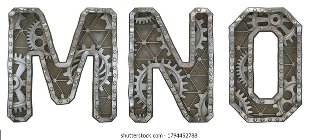 Mechanical alphabet made from rivet metal with gears on white background. Set of letters M, N, O. 3D rendering
