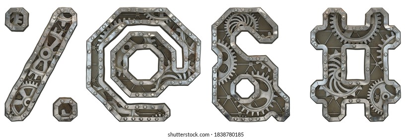 Mechanical alphabet made from rivet metal with gears on white background. Set of symbols percent, at, ampersand and hash. 3D rendering