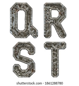 Mechanical Alphabet Made From Rivet Metal With Gears On White Background. Set Of Letters Q, R, S, T. 3D Rendering