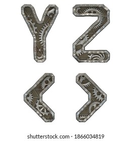 Mechanical Alphabet Made From Rivet Metal With Gears On White Background. Set Of Letters Y, Z And Symbol Left, Right Angle Bracket. 3D Rendering