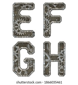 Mechanical Alphabet Made From Rivet Metal With Gears On White Background. Set Of Letters E, F, G, H. 3D Rendering