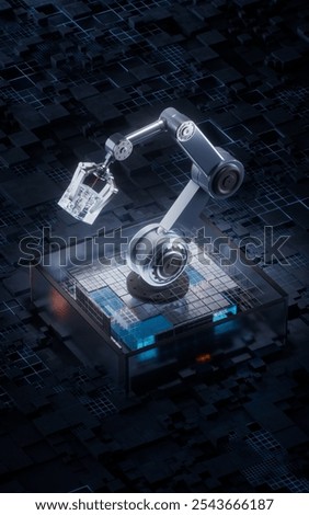 Mechanical arm with technological circuit background, 3d rendering. 3D illustration.