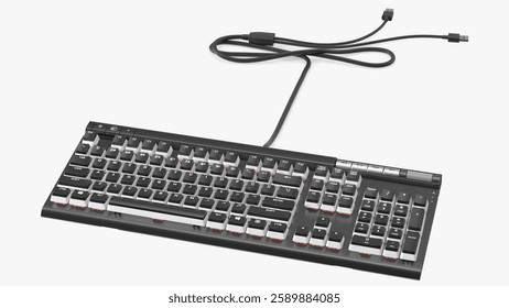 A mechanical gaming keyboard featuring a wired connection and full numeric keypad designed for precision and durability.