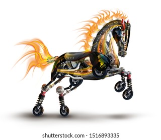 mechanical horse on wheels, futuristic robot made of car parts. cg-drawing,  photo manipulation