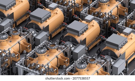 Mechanical Industrial Pattern, Technology Background. Heavy Electrical Equipment. Electric Motors And Pumps. 3d Render