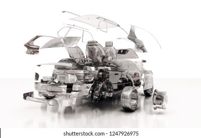 Mechanical parts that make up the car, exploded draw, 3d illustration