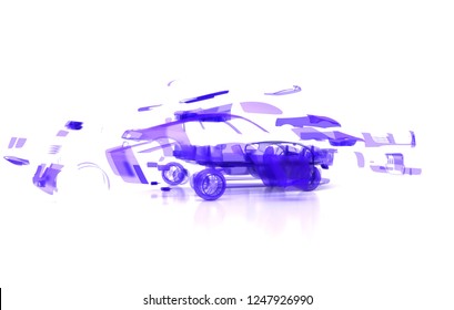 Mechanical parts that make up the car, exploded draw, 3d illustration
