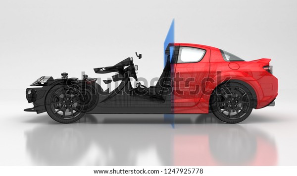 Mechanical parts that make up the car,\
section, slice, exploded draw, 3d\
illustration