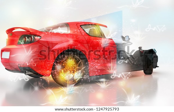 Mechanical parts that make up the car,\
section, slice, exploded draw, 3d\
illustration