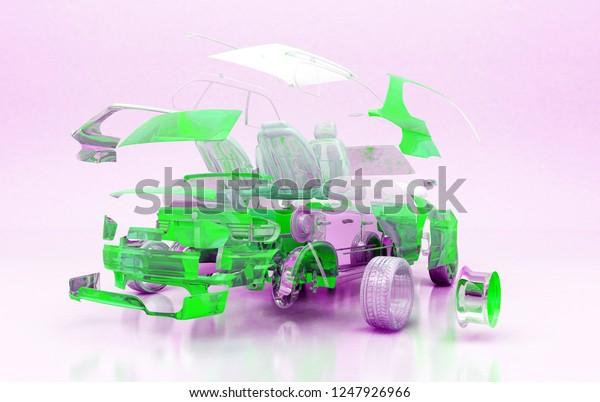 Mechanical parts that make up the car,\
exploded draw, 3d\
illustration
