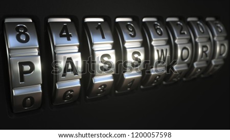 Mechanichal code lock rings stop rotation at word PASSWORD. Secret or security related conceptual 3D rendering