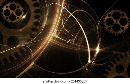 Mechanism, Ancient Golden  Cogwheel  - golden old clock mechanism, ancient metallic cogwheel on black background, abstract illustration