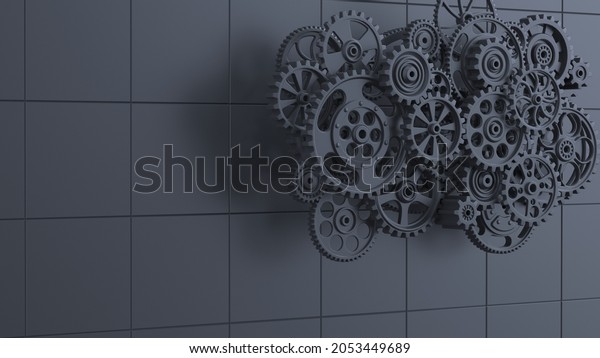 Mechanism black metallic gears\
and cogs at work on blue plate under spot light background.\
Industrial machinery. 3D illustration. 3D high quality rendering.\
3D CG.