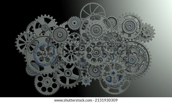 Mechanism black metallic gears and cogs\
at work under green spot lighting background. Industrial machinery.\
3D illustration. 3D high quality rendering. 3D\
CG.