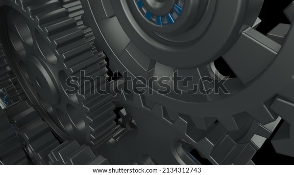 Mechanism black metallic gears and cogs\
at work under green spot lighting background. Industrial machinery.\
3D illustration. 3D high quality rendering. 3D\
CG.
