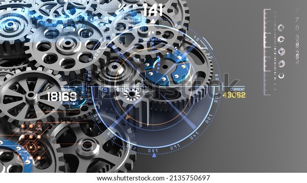 Mechanism\
black metallic gears and cogs at work with technology HUD elements\
under spot lighting background. Industrial machinery. 3D\
illustration. 3D high quality rendering. 3D\
CG.