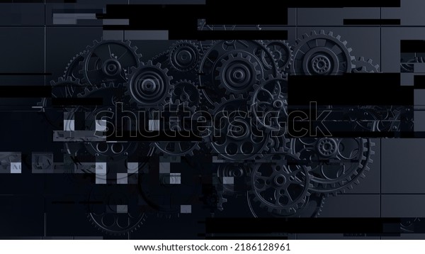 Mechanism\
black metallic gears and cogs at work with digital distress under\
white spot lighting background. Industrial machinery. 3D\
illustration. 3D high quality rendering. 3D\
CG.