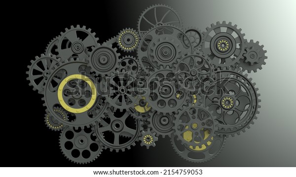 Mechanism black-yellow metallic\
gears and cogs at work under green spot lighting background.\
Industrial machinery. 3D illustration. 3D high quality rendering.\
3D CG.